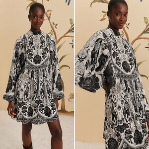 NWT Farm Rio Off-White Flower Mini Dress size XS Black Balloon Sleeve A Line